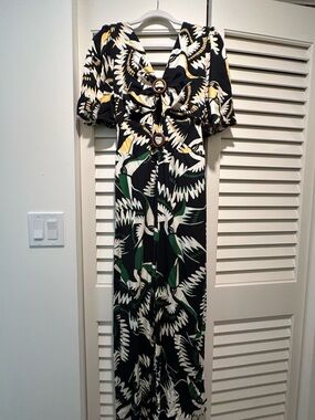 Farm Rio Black, White & Green Printed Jumpsuit with Yellow Accents
